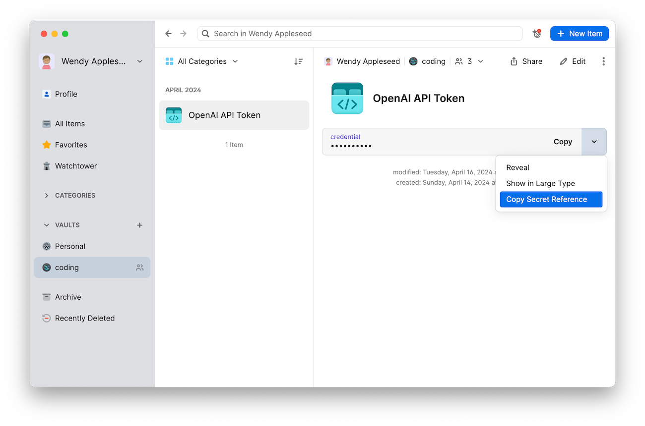 Copying the secret reference for an OpenAI API token in 1Password