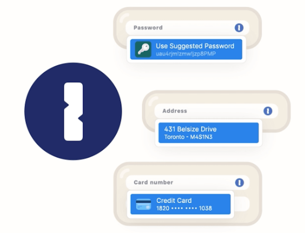 The 1Password logo surrounding by a suggested password, a saved address, and a saved credit card number.
