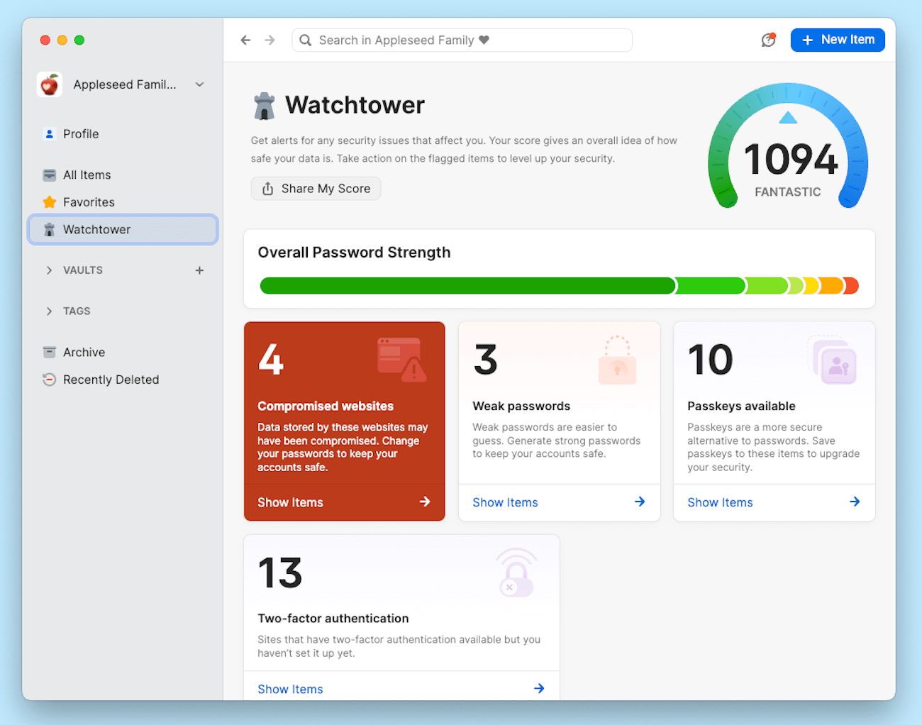 The Watchtower section in 1Password for Mac.