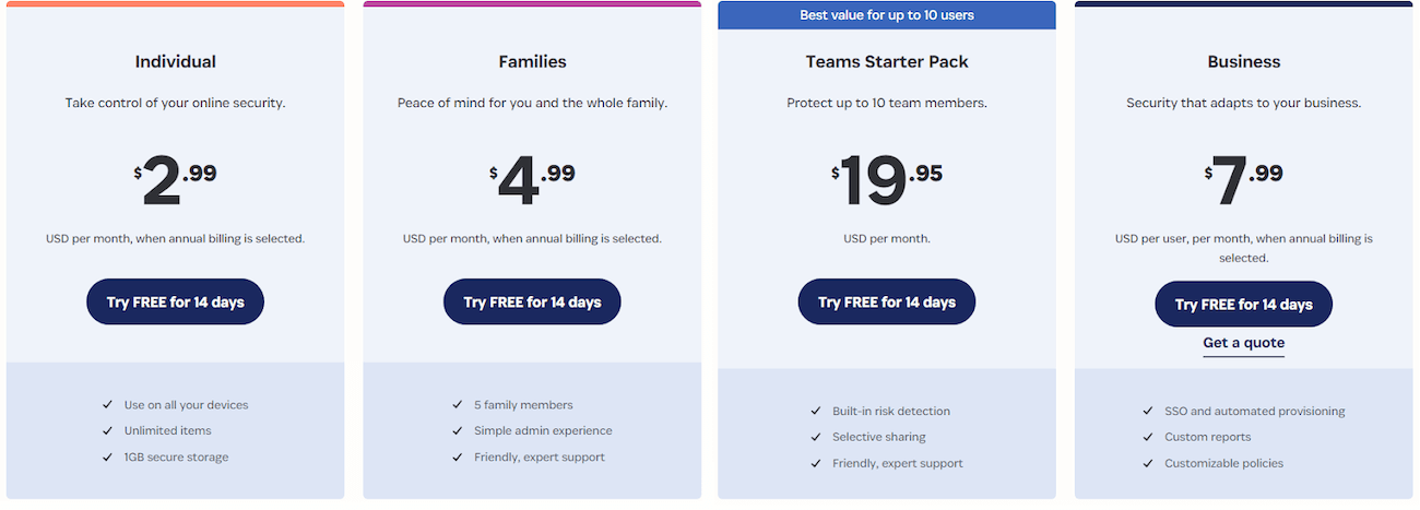 A screenshot of the 1Password website showing the prices for 1Password Individual, Families, Teams Starter Pack, and Business.