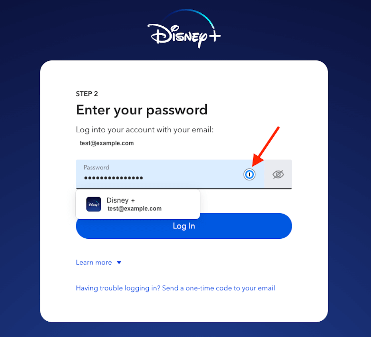 1Password offering to autofill a password on the sign-in page for Disney+.