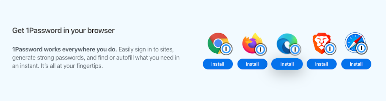 A screenshot from the 1Password website showing the different browsers that 1Password supports.