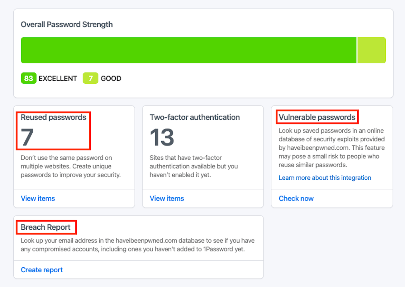 1Password's Watchtower with the 'Reused passwords', 'vulnerable passwords' and 'Breach Report' sections highlighted.