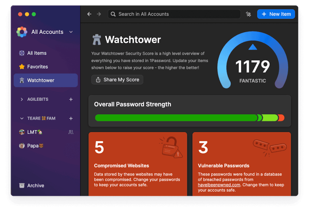 A screenshot of Watchtower with alerts for 'Vulnerable Passwords' and 'Compromised Websites.'