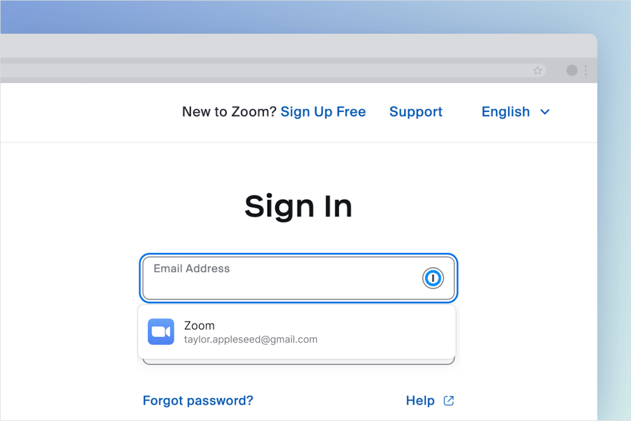 1Password in the browser offering to autofill login details for Zoom.'