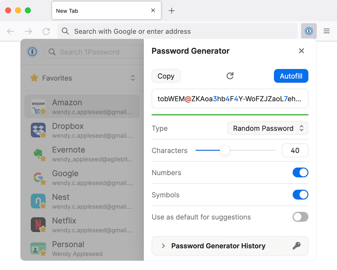 Generating a new password with 1Password in the browser.'