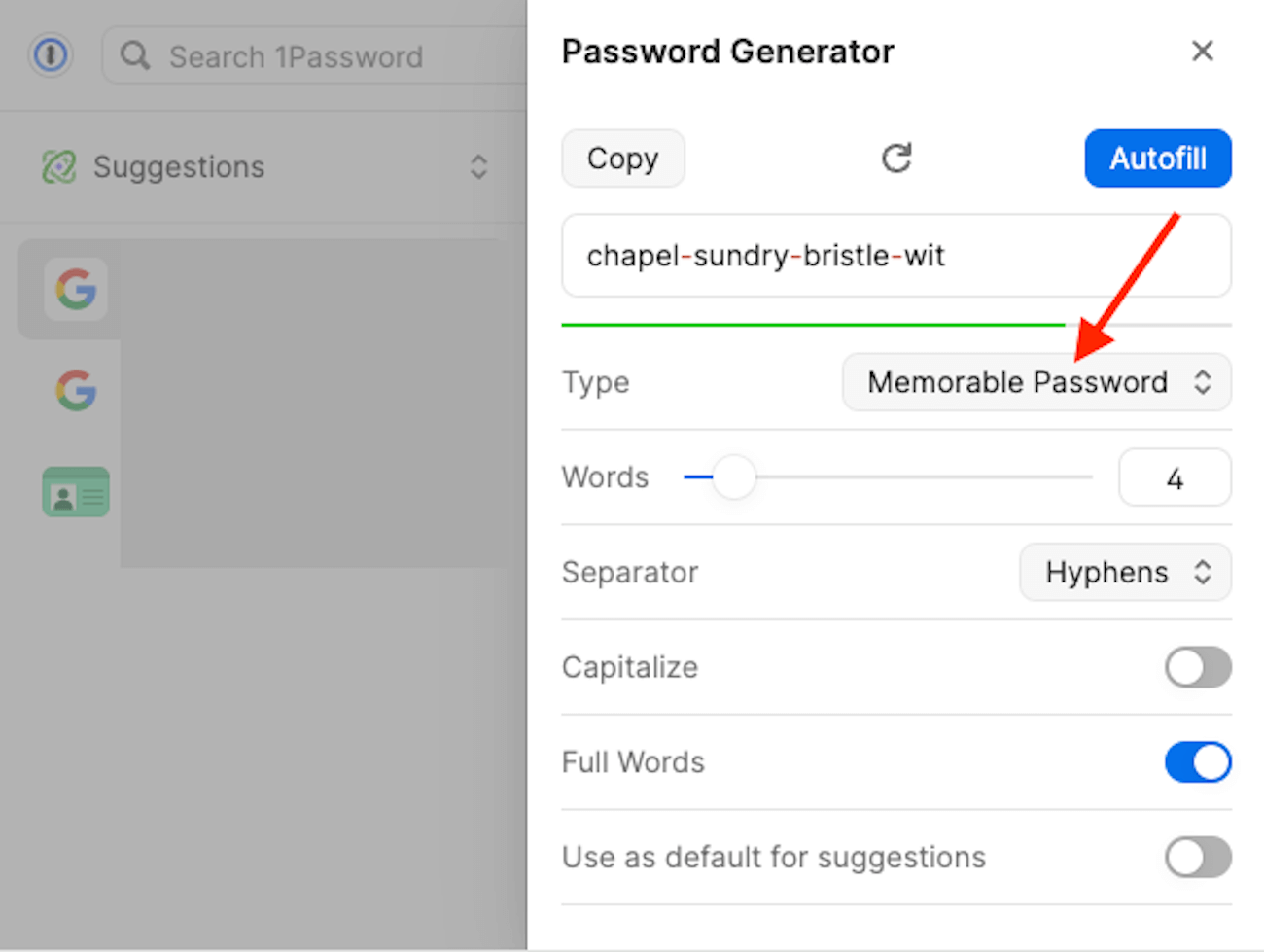 1Password's built-in password generator with the 'Memorable Password' option highlighted.