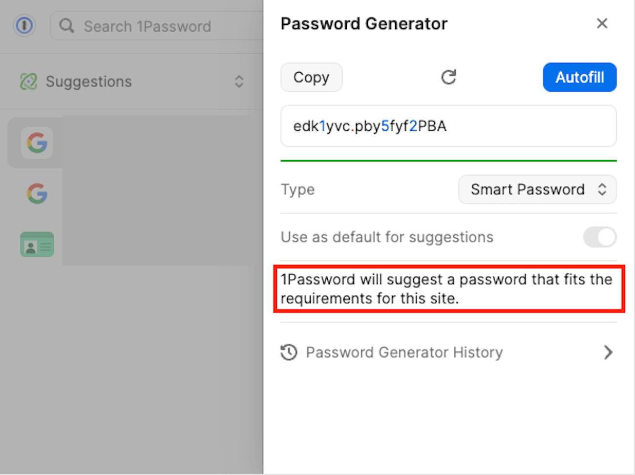 1Password's built-in password generator with the following passage highlighted: '1Password will suggest a password that fits the requirements for this site.'
