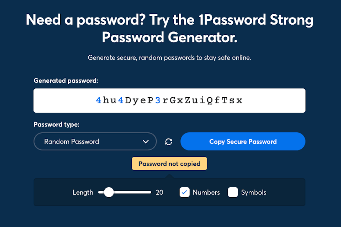 A screenshot of 1Password's Strong Password Generator website.