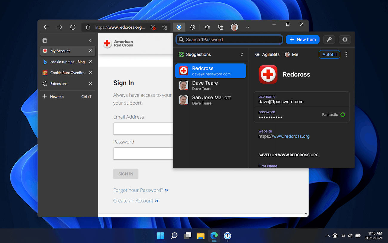 1Password running in Microsoft Edge