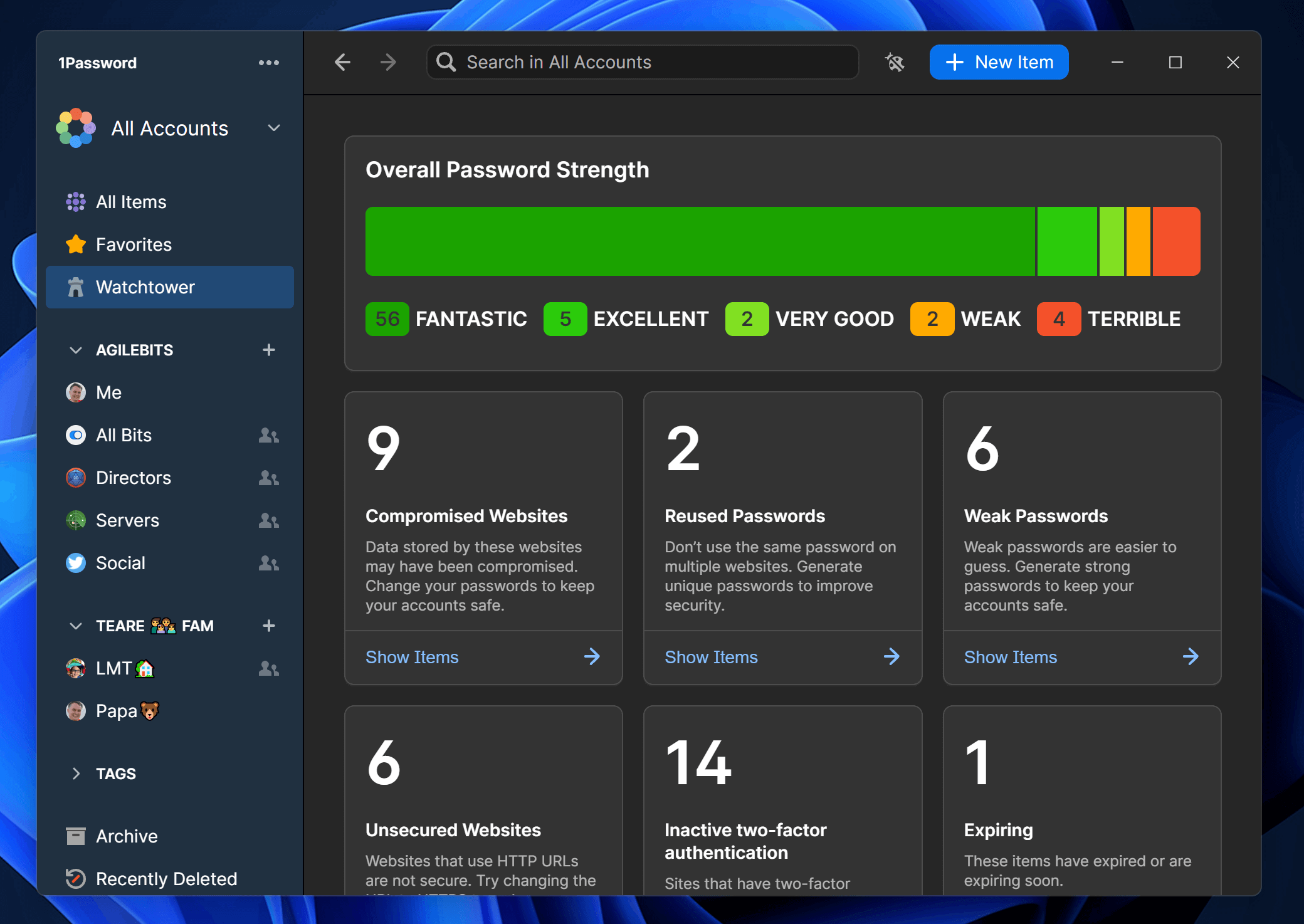 Watchtower Dashboard showing the overall password strength and weak passwords that need attention.