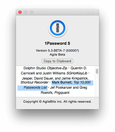 1Password 1Password window, crediting Mark Burnett