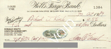 A bounty check from Donald Knuth made out to Richard Kinch