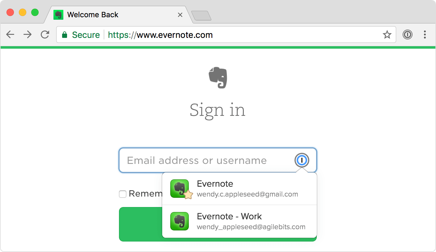 1Password X sign in to Evernote