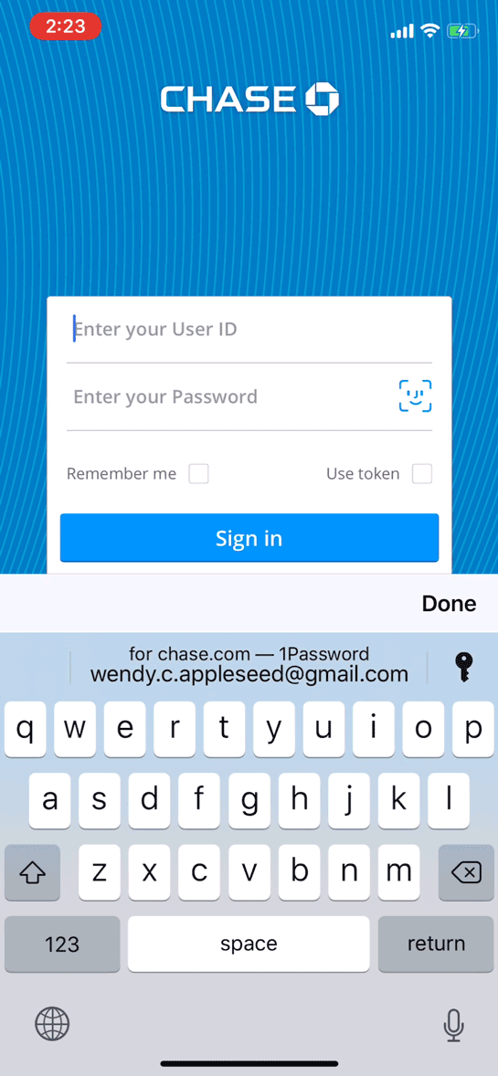 Image showing the stages of 1Password filling in the Chase Mobile iOS app