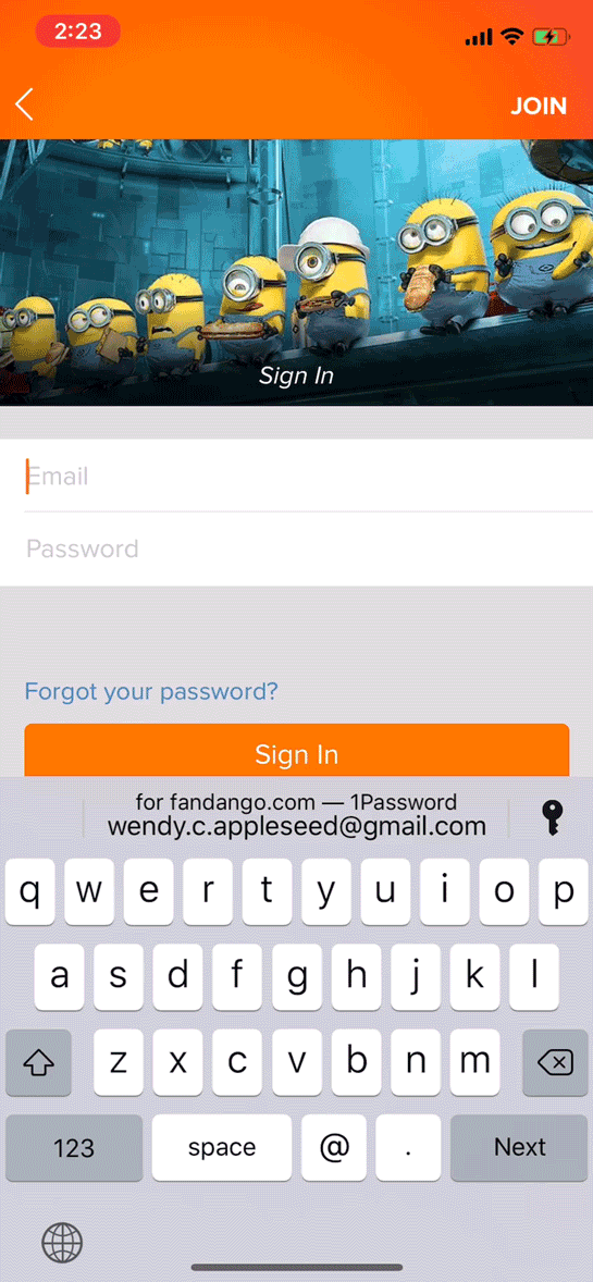 Image showing the stages of 1Password filling in the Fandango iOS app