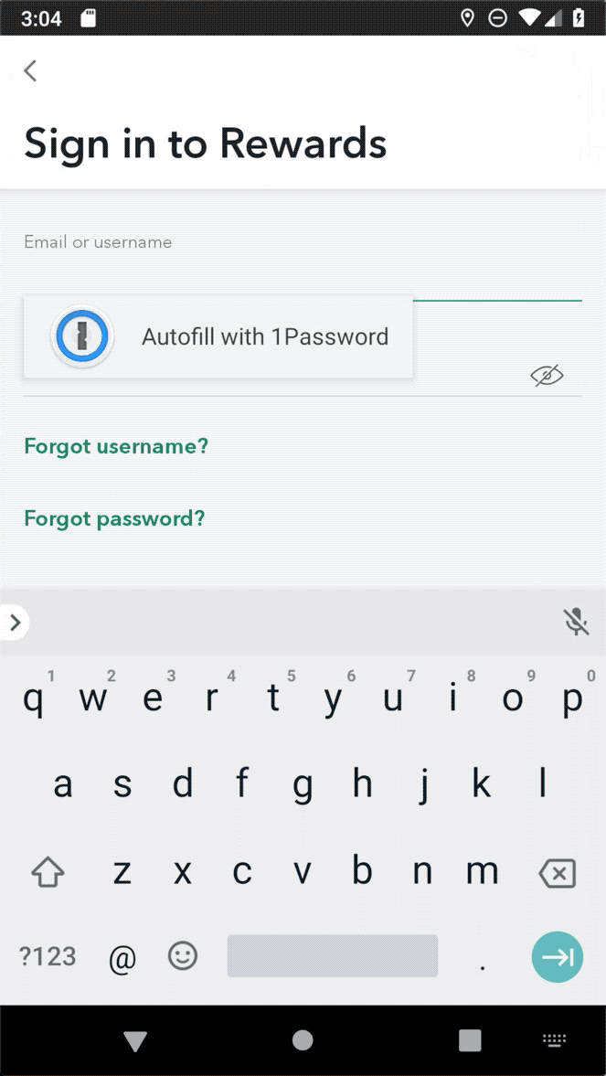 Image showing the stages of 1Password filling in the Starbucks Rewards Android app
