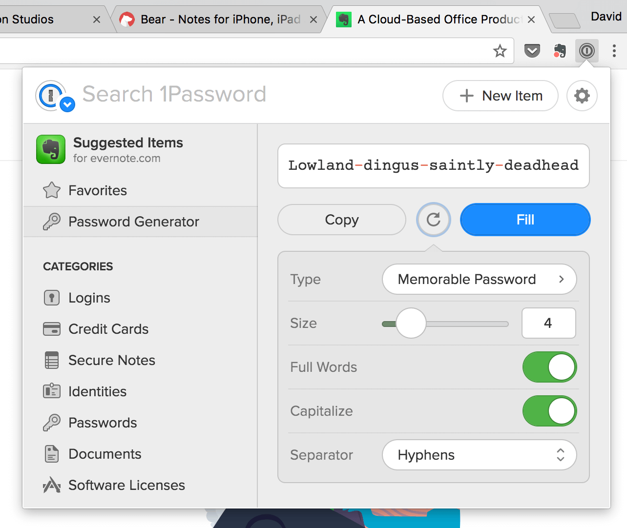 1Password X's secure password generator