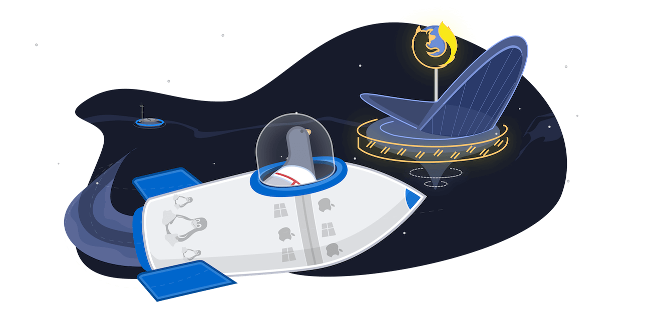 After launching off from the Chromium space station, Harold prepares to land at the newly constructed Firefox space station.