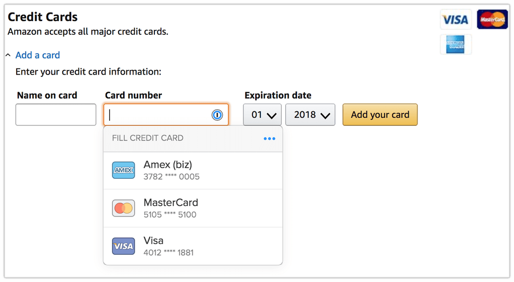 Adding a credit card form on Amazon with 1Password X suggesting cards to fill