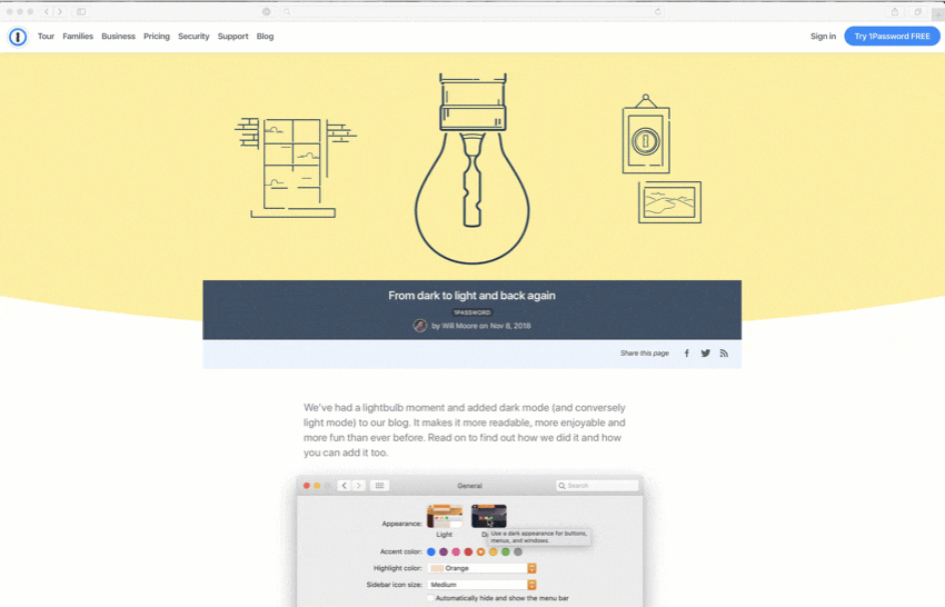 1Password Blog supports Dark Mode