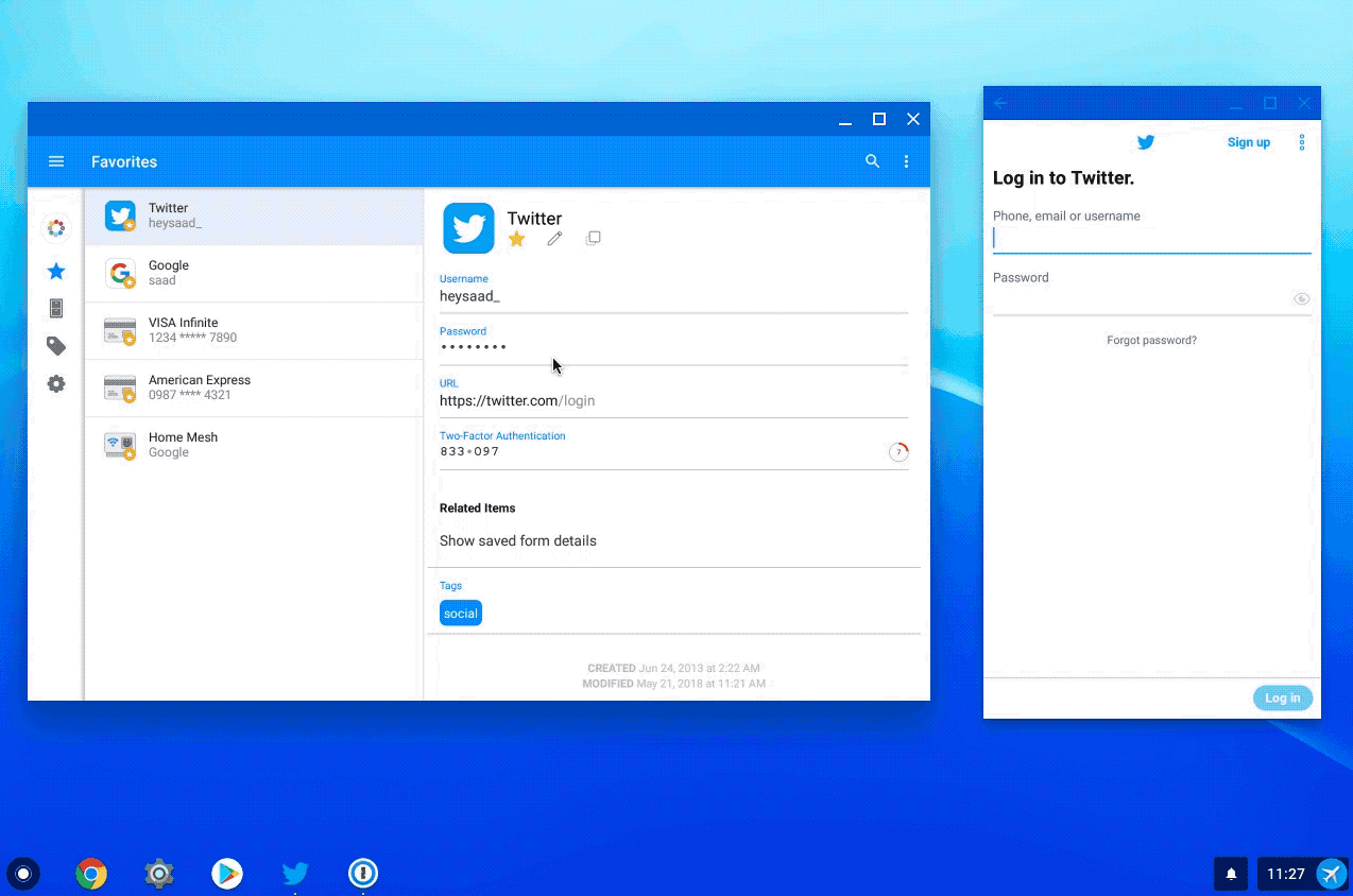 Dragging credentials into the Twitter app from 1Password on Chrome OS