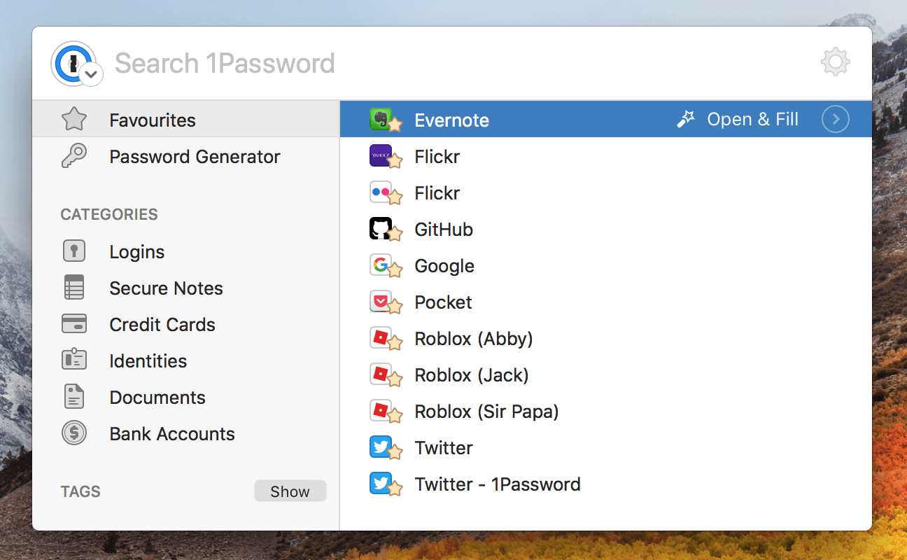 1Password mini unlocked showing favourited items