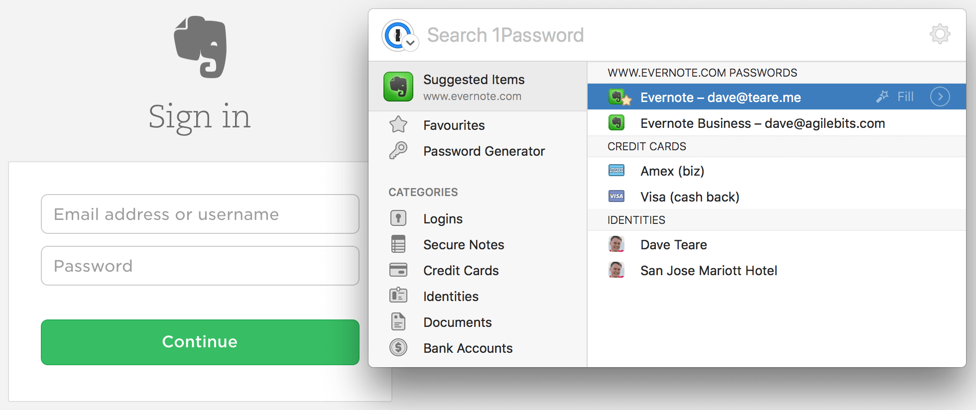 1Password mini showing suggested items for Evernote.com