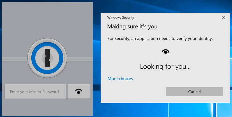 1Password mini lock screen with Windows Hello preparing to identity you
