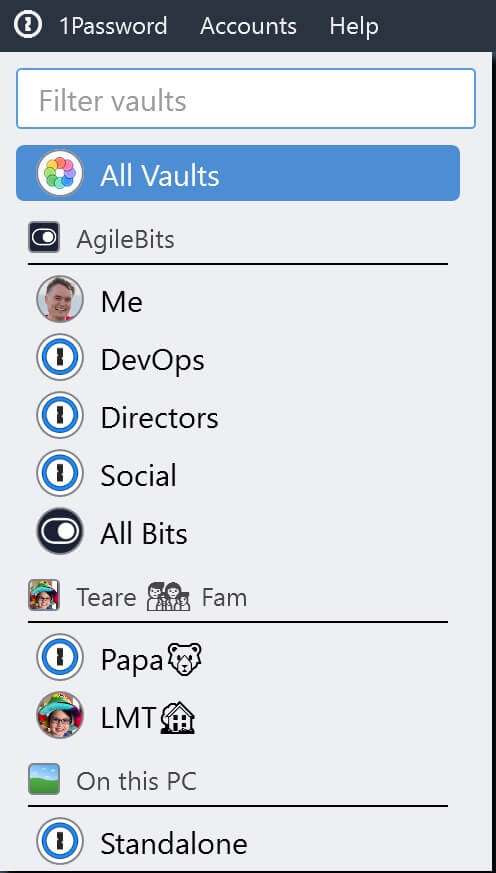 Easily browse account vaults and standalone vaults with 1Password 7 Beta for Windows