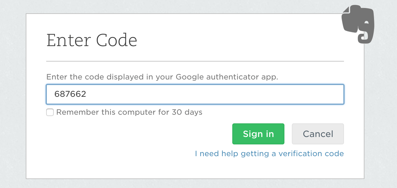 Evernote sign in page asking for the second factor authentication code; filled using the code placed in the clipboard after filling from 1Password mini