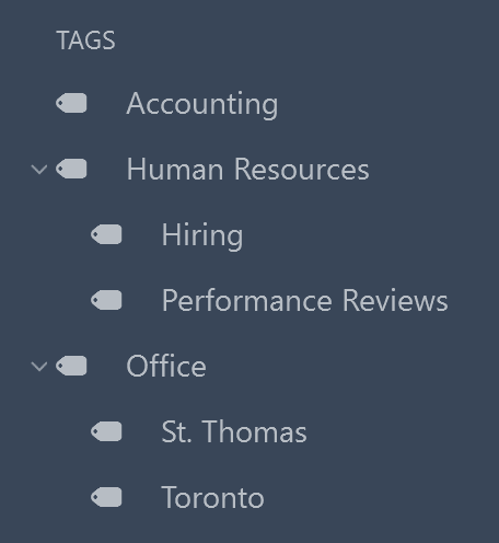 1Password sidebar with nested tags