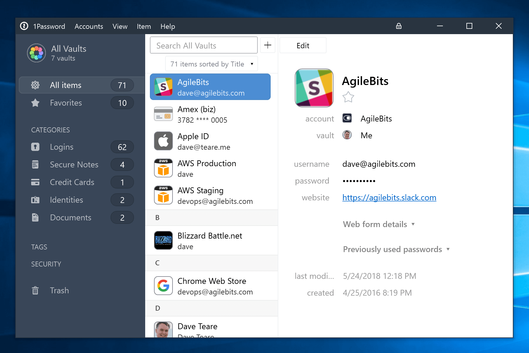 1Password 7 for Windows main window with new sidebar and item layout