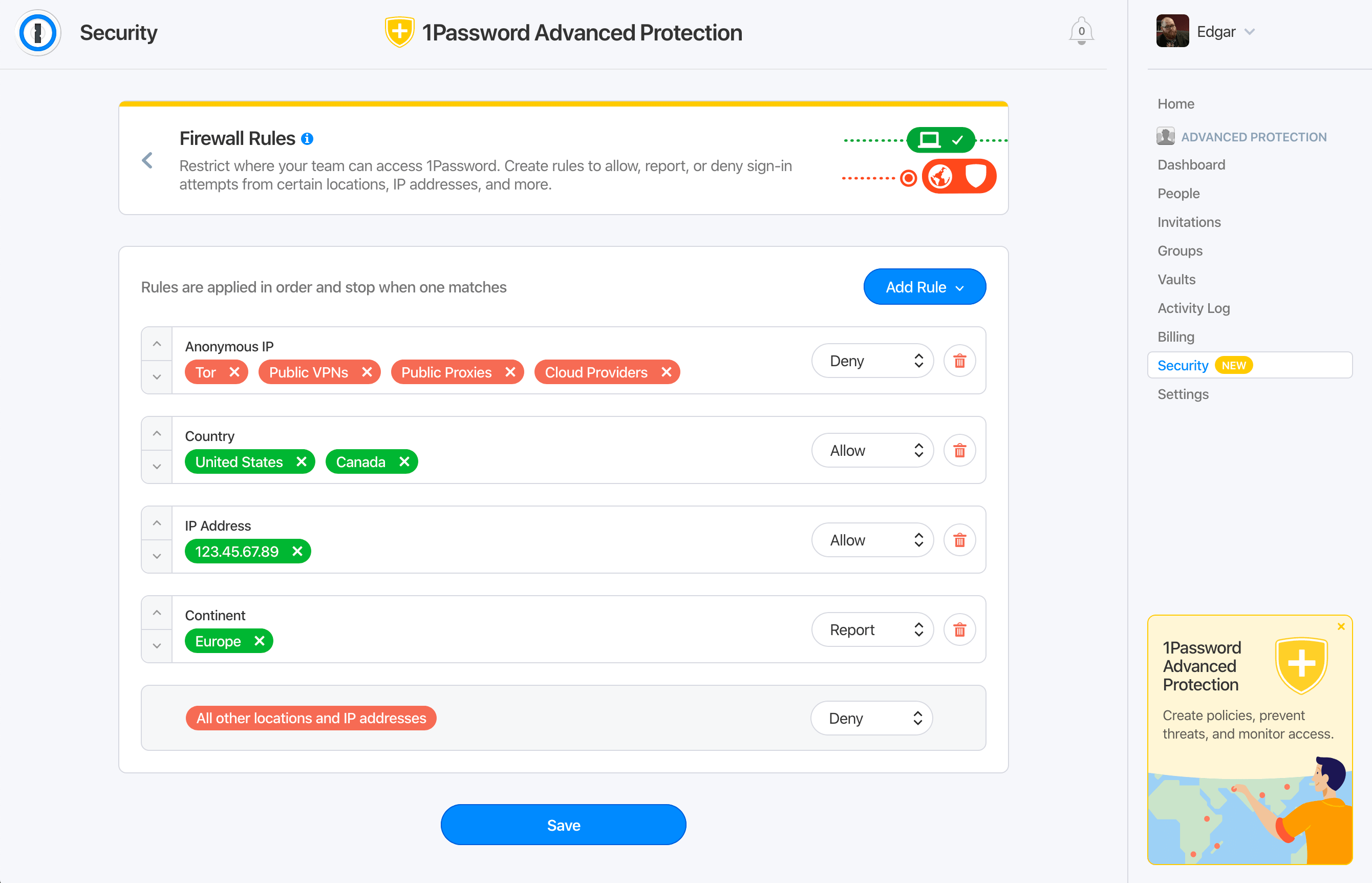 Screenshot of firewall rules in 1Password Advanced Protection