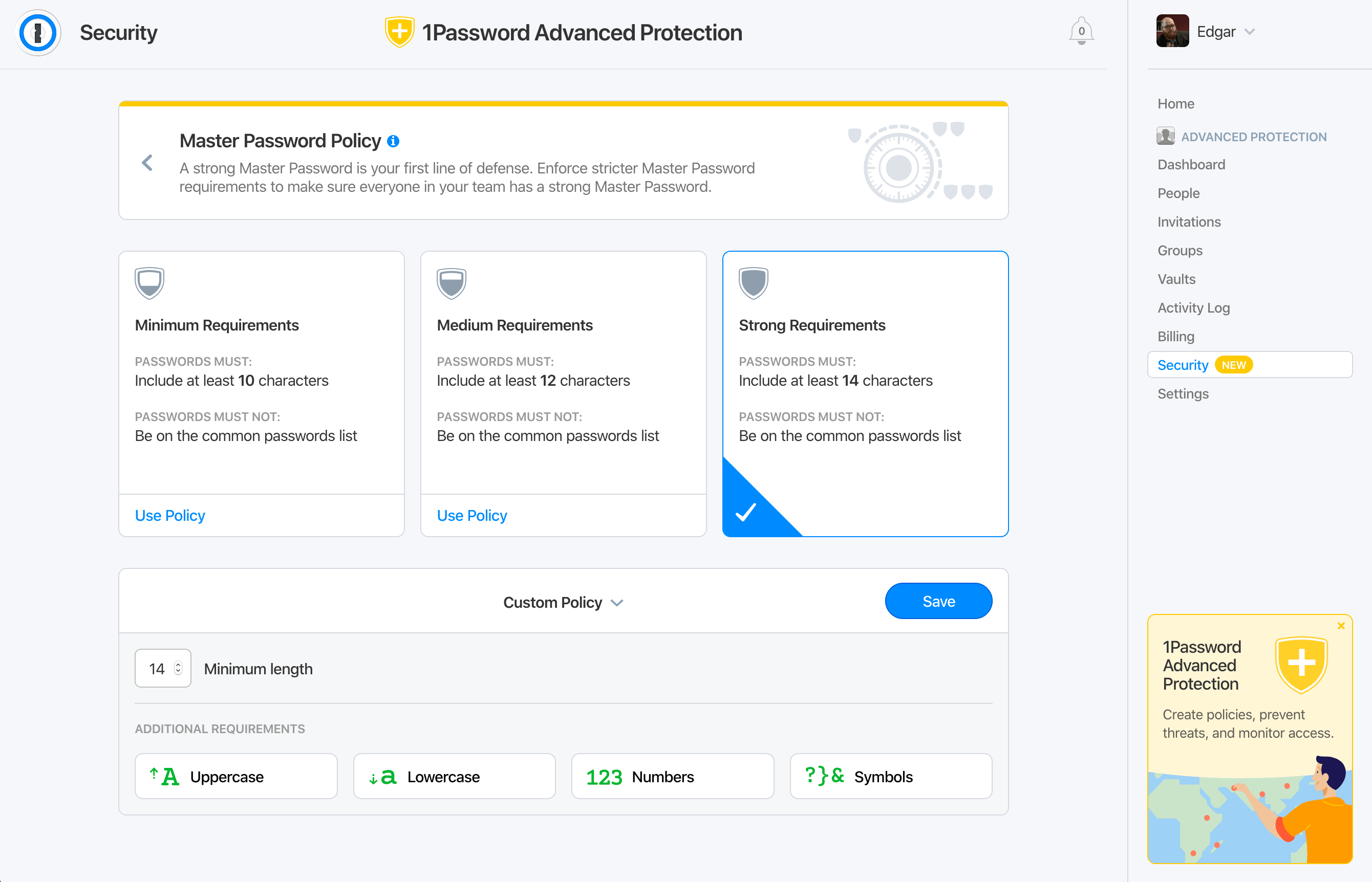 Screenshot of Master Password Policy controls in 1Password Advanced Protection