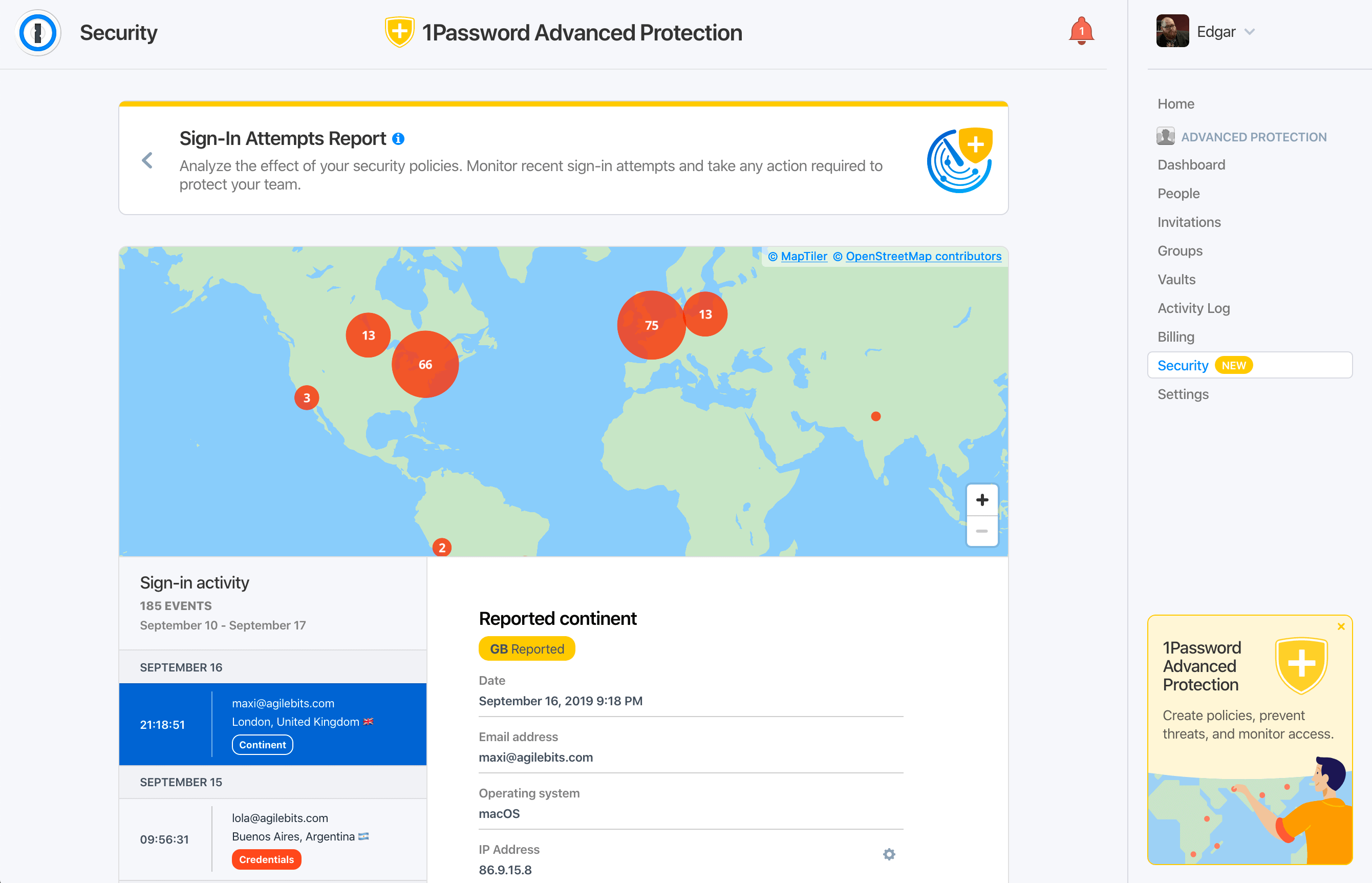Screenshot of map showing failed sign in attempts in 1Password Advanced Protection