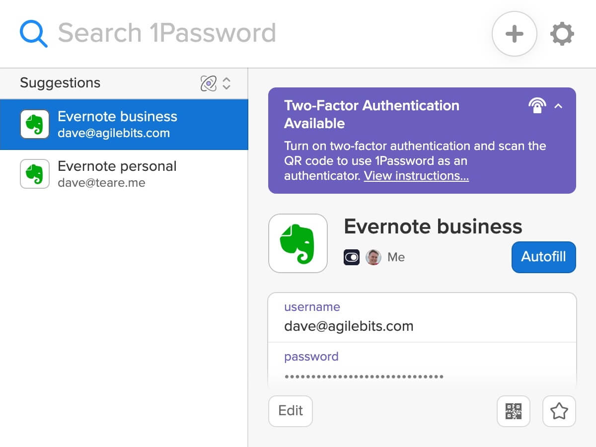 New 1Password X pop-up showing Evernote logins with a Watchtower alert for enabling 2FA