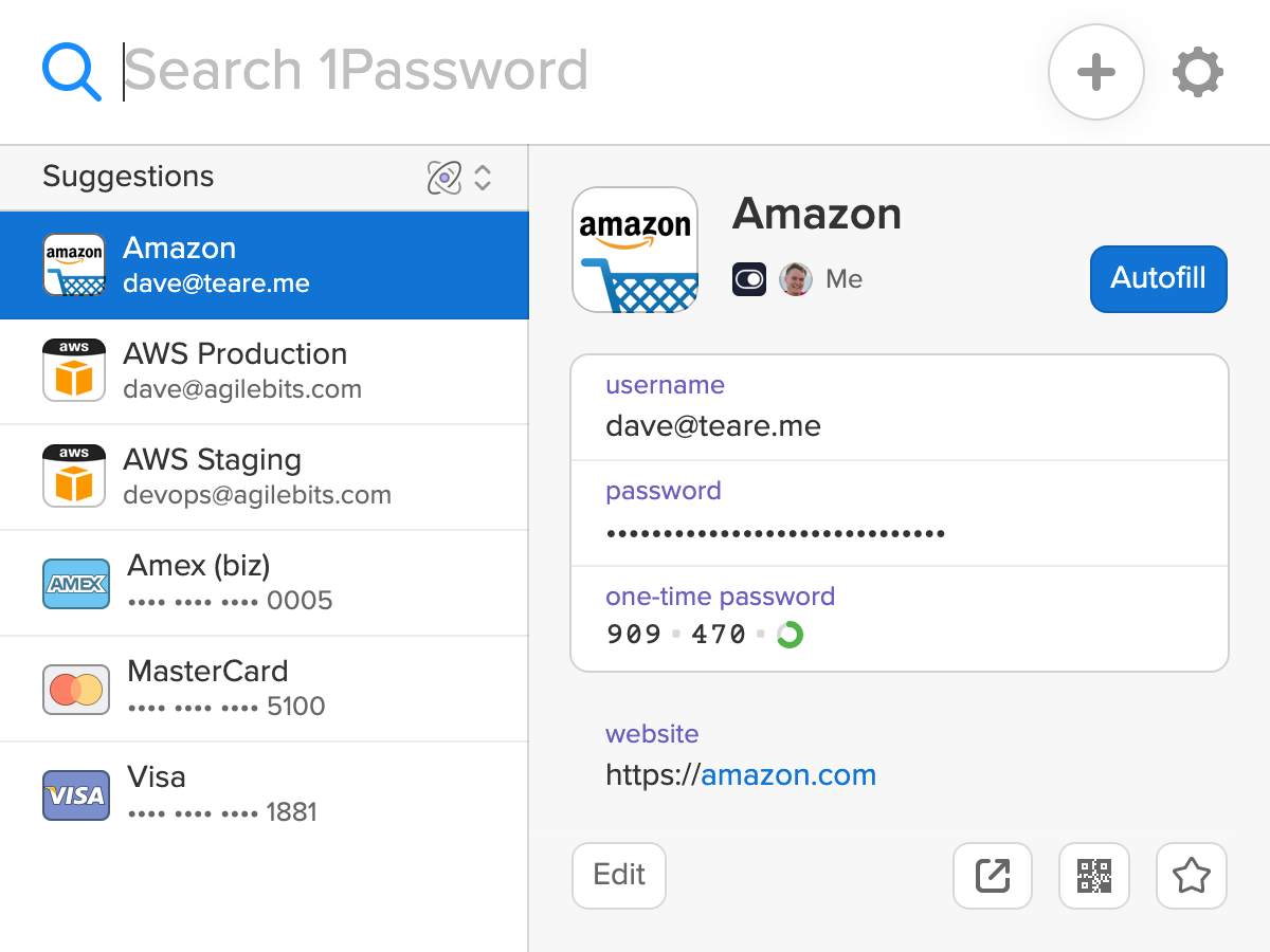 1Password X showing suggestions for the current page: logins and credit cards