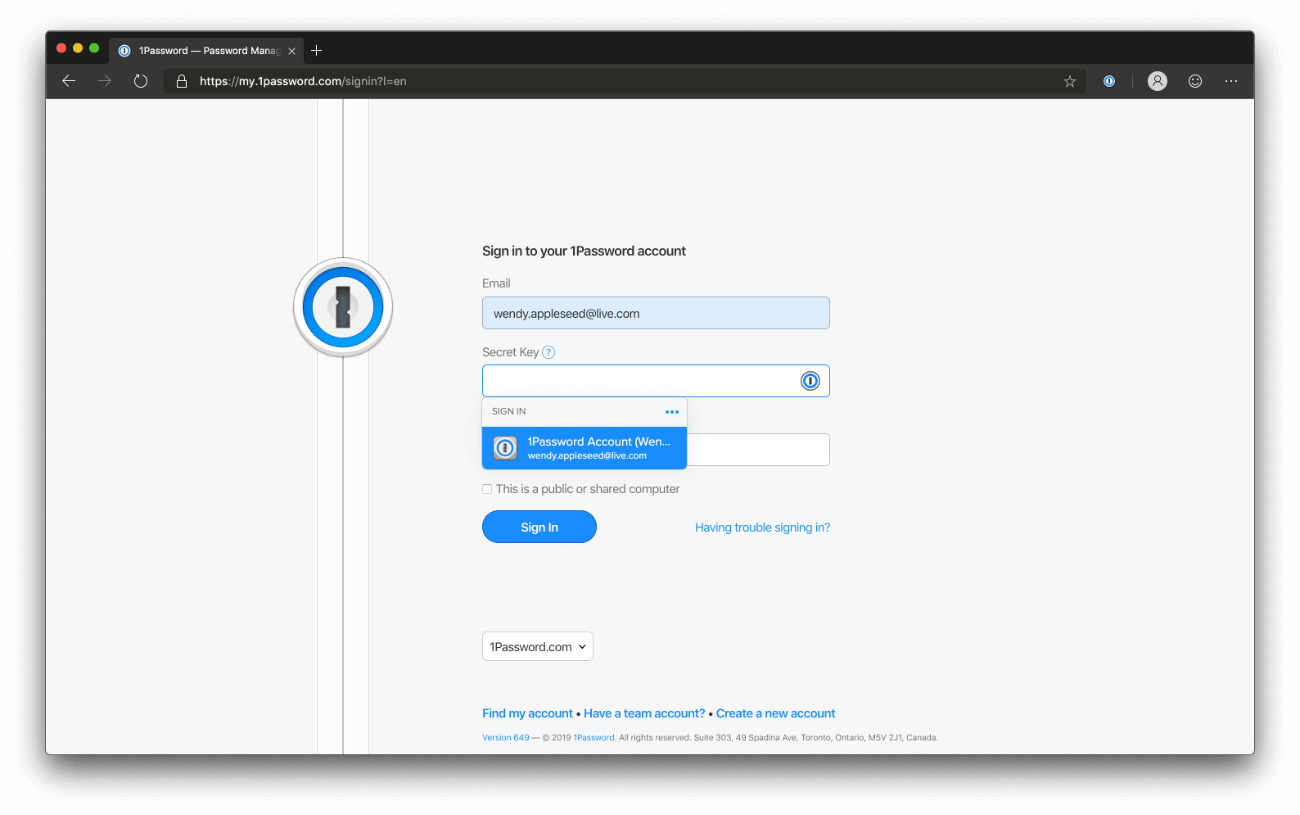 1 password sign in