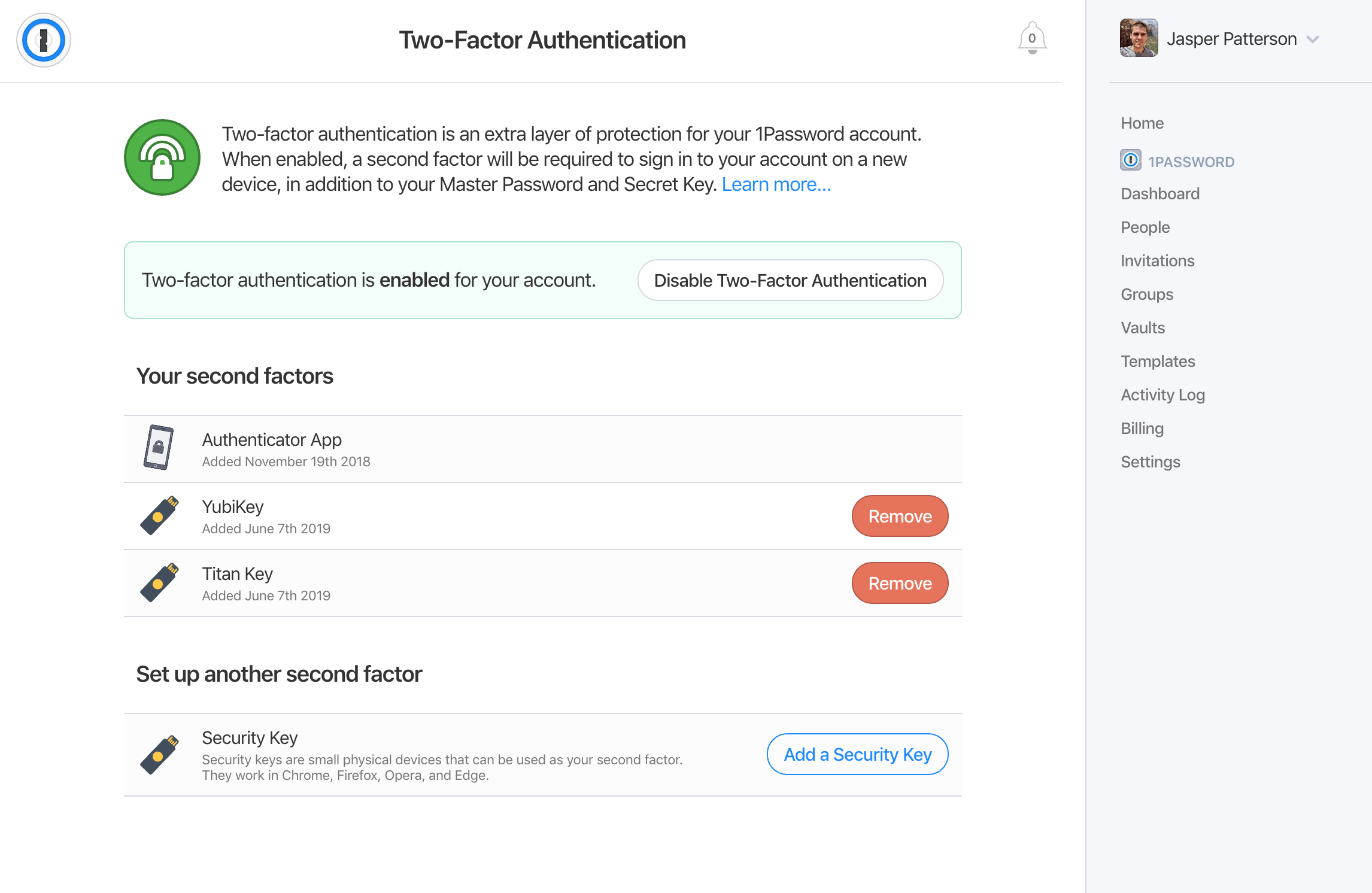 Two-Factor Authentication page in 1Password web app