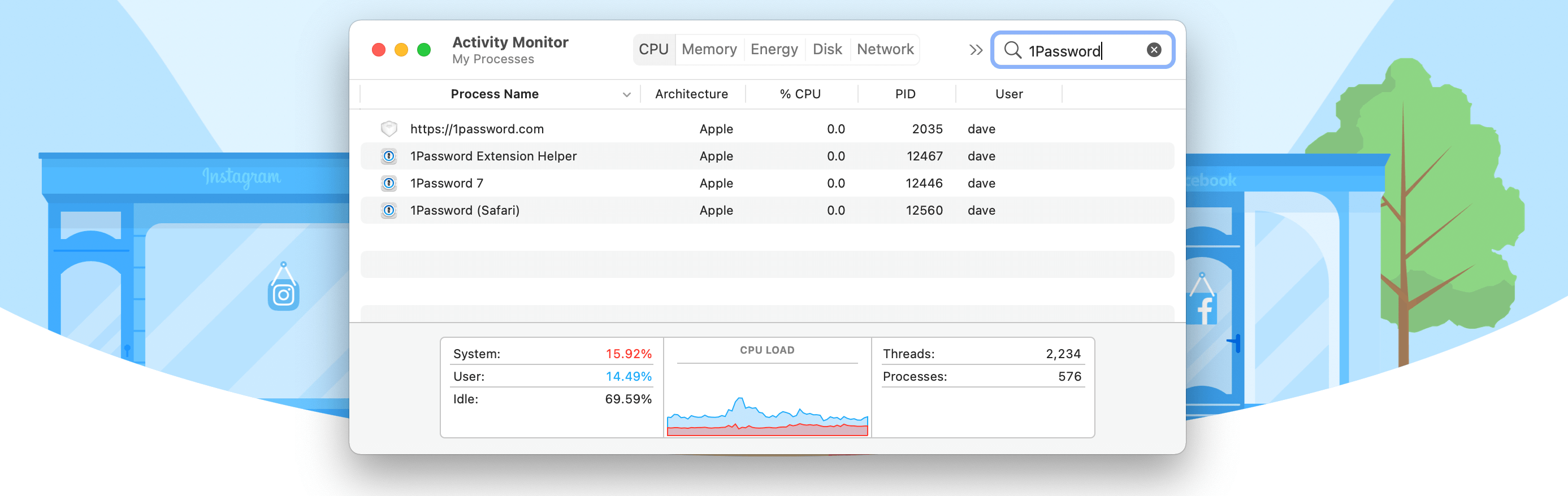 Activity Monitor showing 1Password processes running with Apple architecture instead of Intel