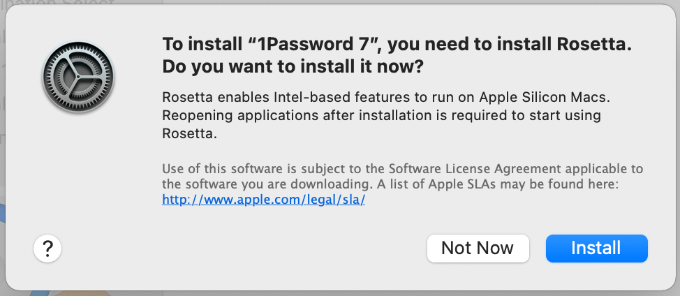 Install Rosetta to launch 1Password 7 when compiled to Intel x86