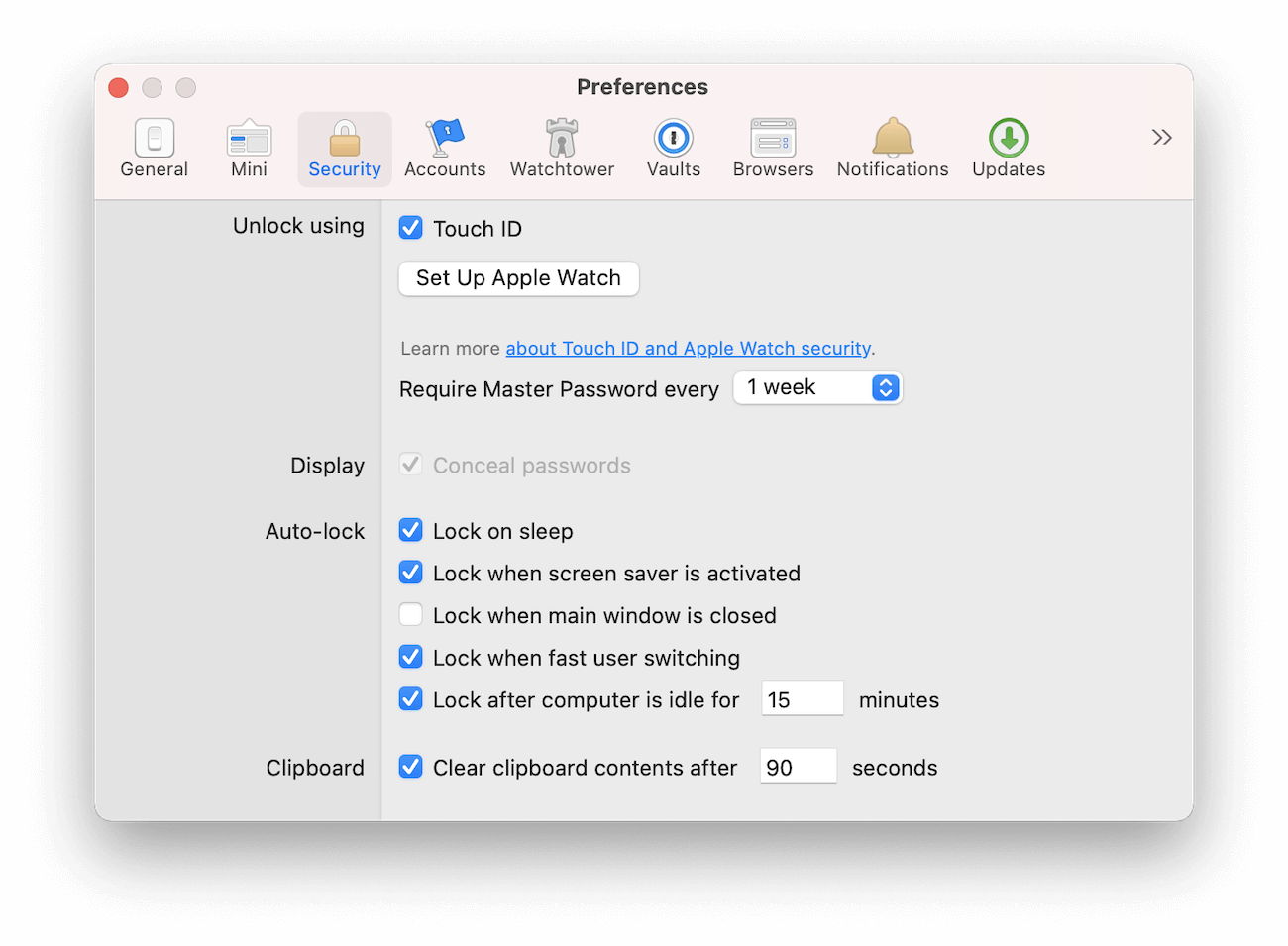 1Password for Mac preferences window with new option to set up Apple Watch highlighted