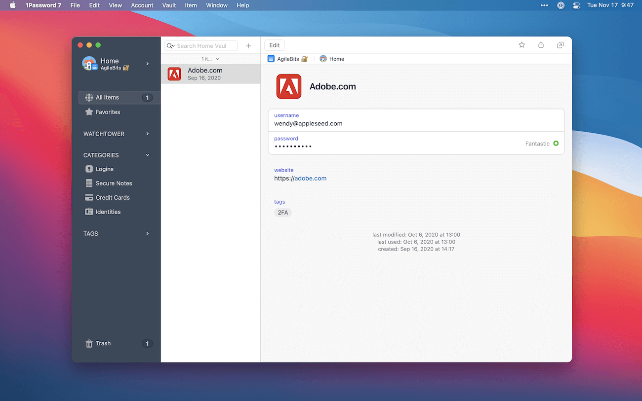 Example 1Password item details windows for login Adobe.com