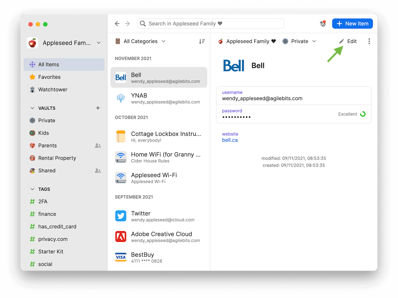 Step one of creating random security questions in 1Password 8