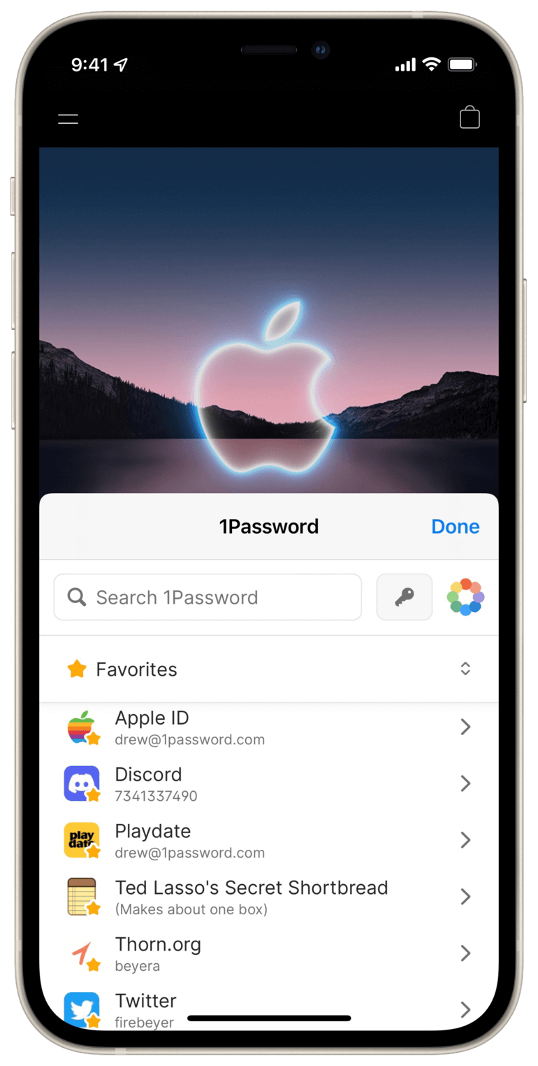 The 1Password for Safari popover open on an iPhone