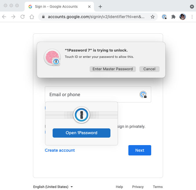 Image showing 1Password in the browser unlocking with Touch ID on macOS