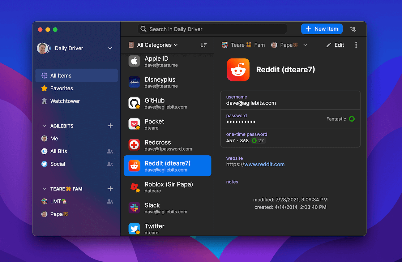 Unlocked main 1Password window showing off Dark Mode