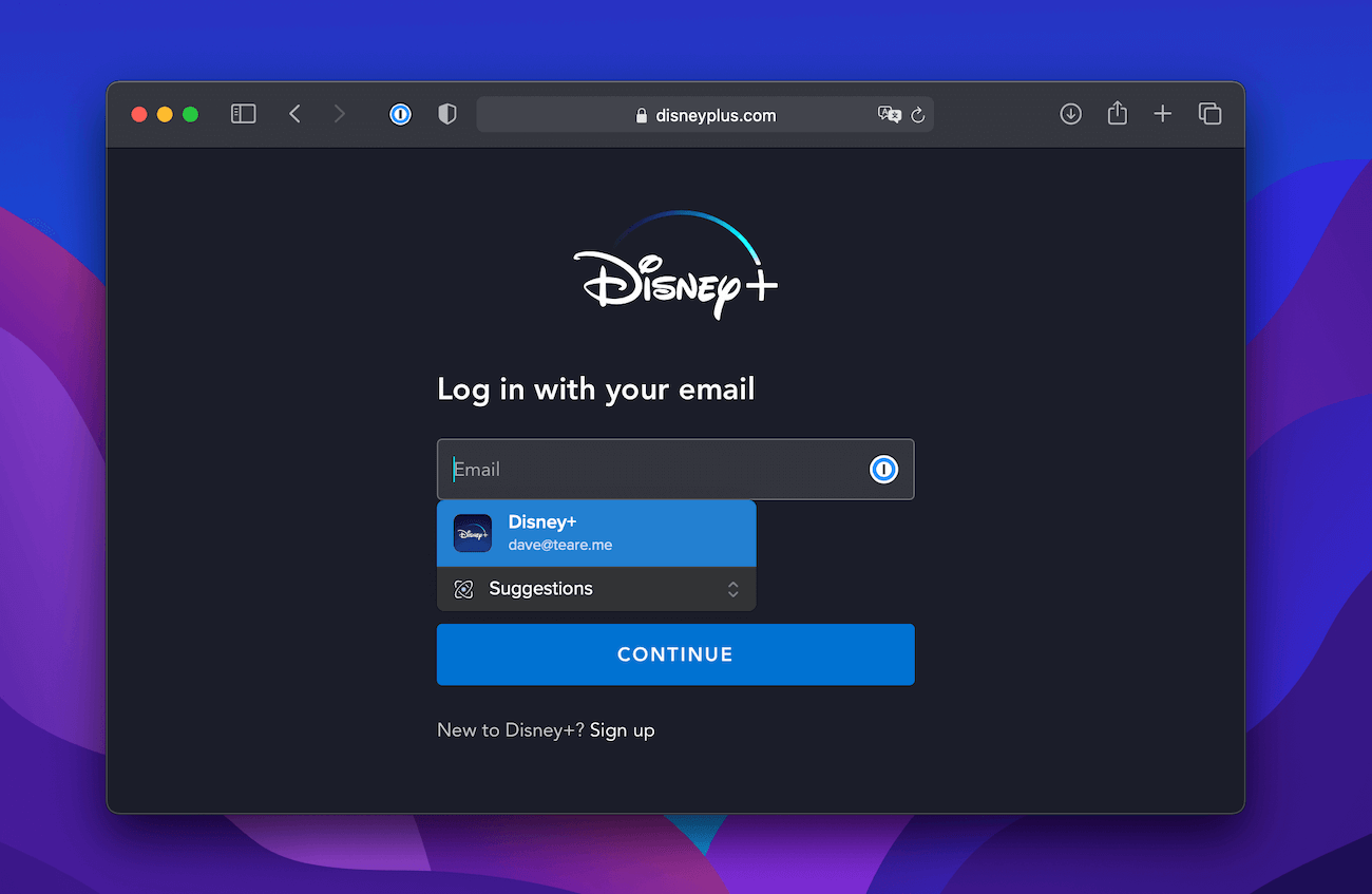 Safari login page for Disney+ with the 1Password inline menu open