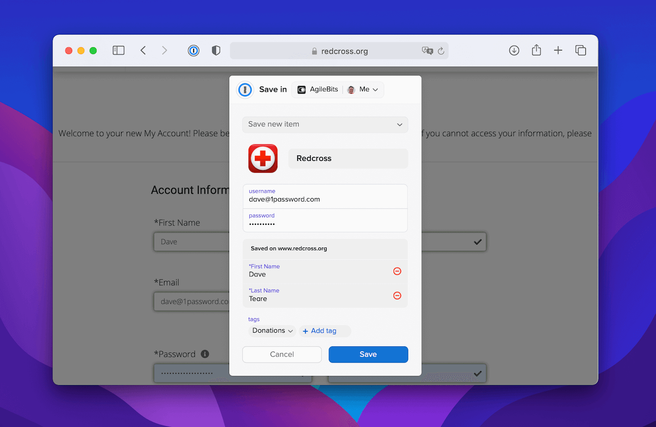 Sign up page on Redcross with a new login being saved in 1Password
